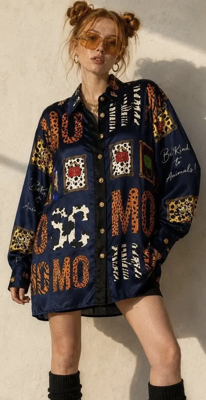 Vintage Massardi Gold Label Silk Shirt M Be Kind to Animals Maximalist 80s 90s